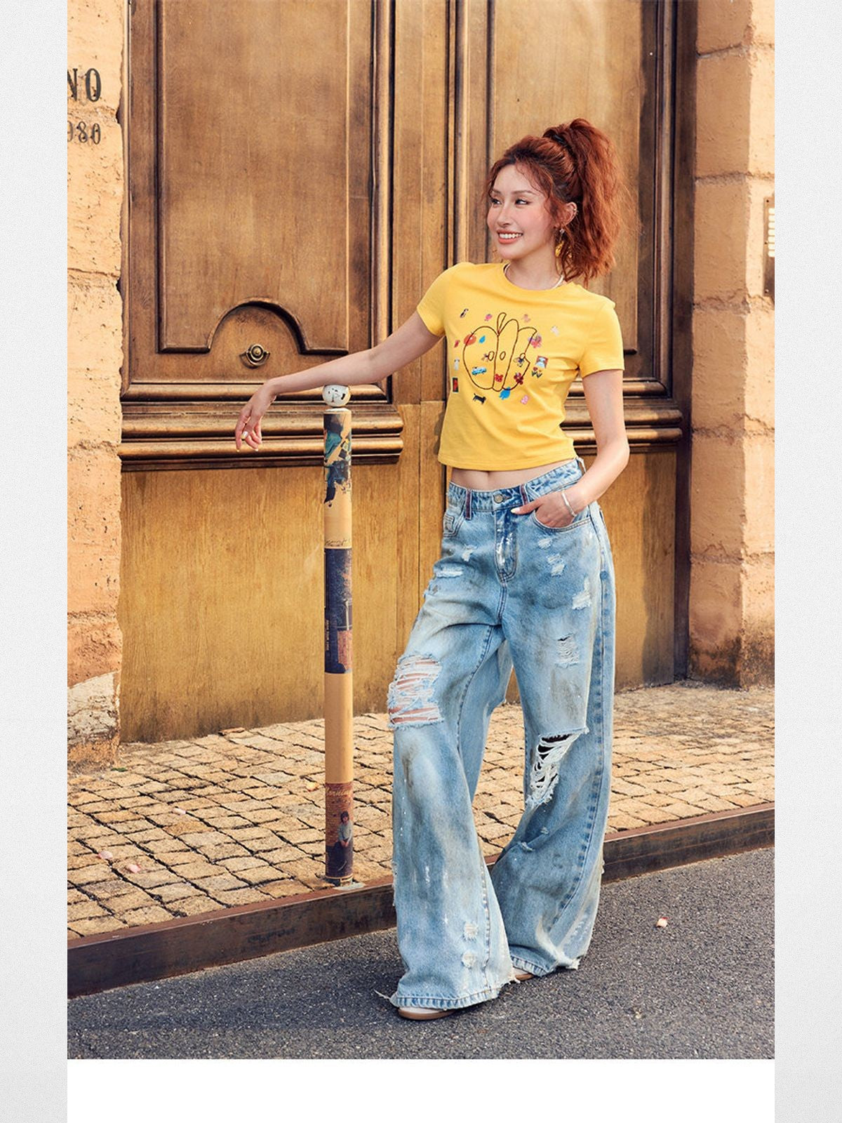 BeerBro Embroidered Apple Crop Tee in Yellow - On Model