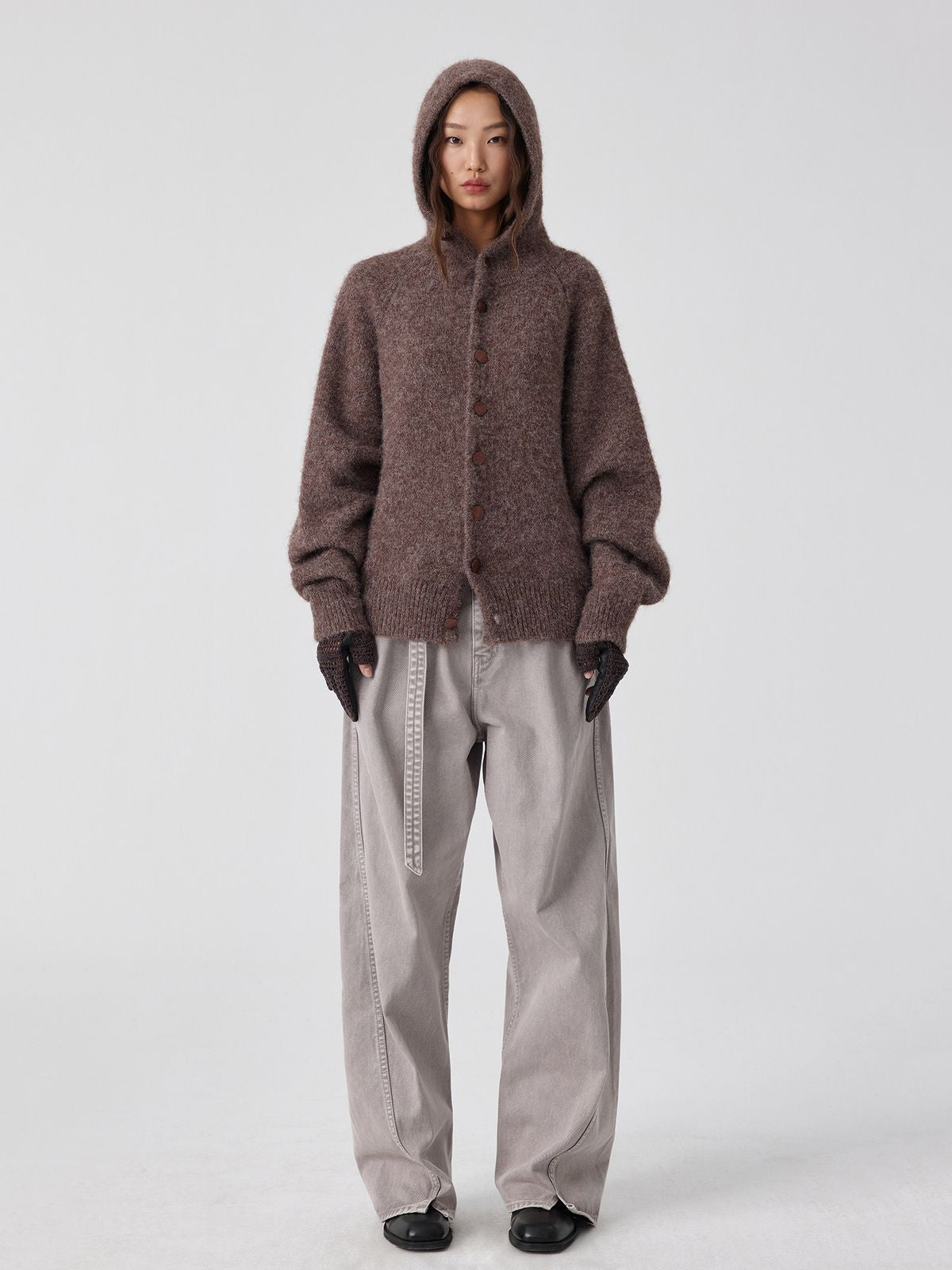 Simple Project Hooded Wool Blend Cardigan in Brown - On Female Model