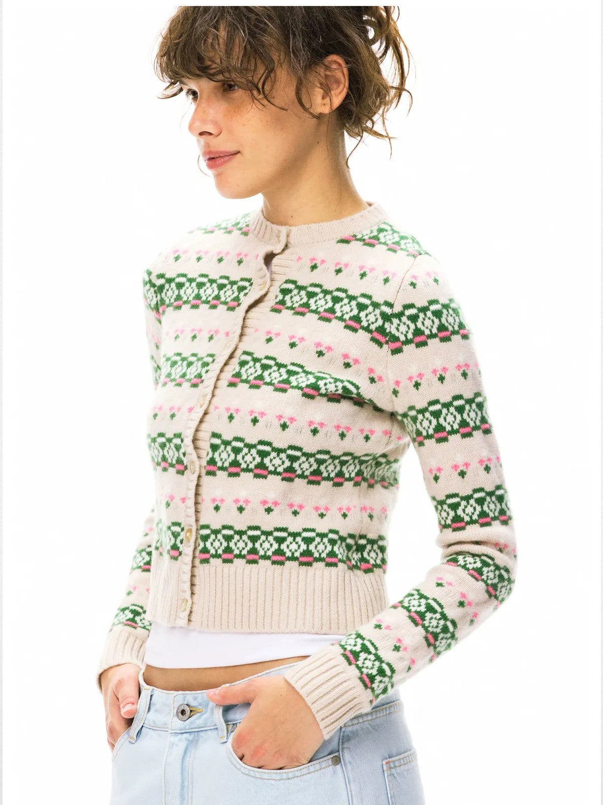 alright then 100 Wool Jacquard Cardigan in Beige - On Model