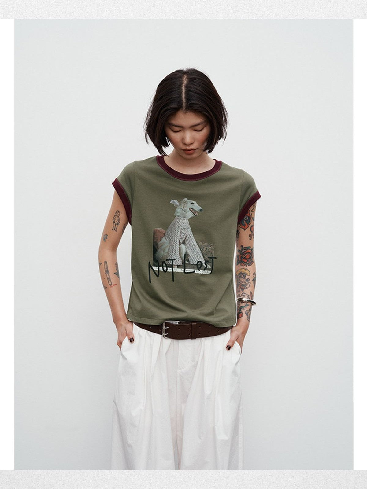 RandomPiece Dog Graphic Flutter Sleeve Tee in Olive - On Model