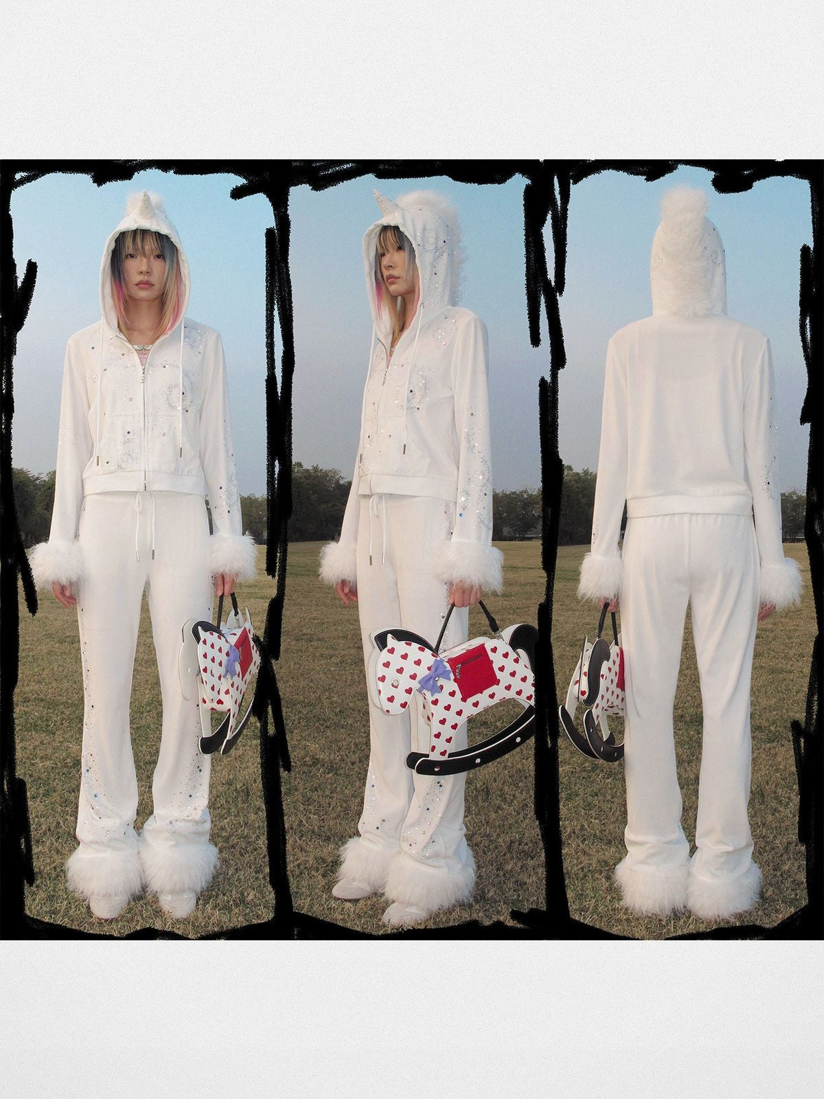 CFIERCE Rhinestone Velvet Flared Pants in White - On Model