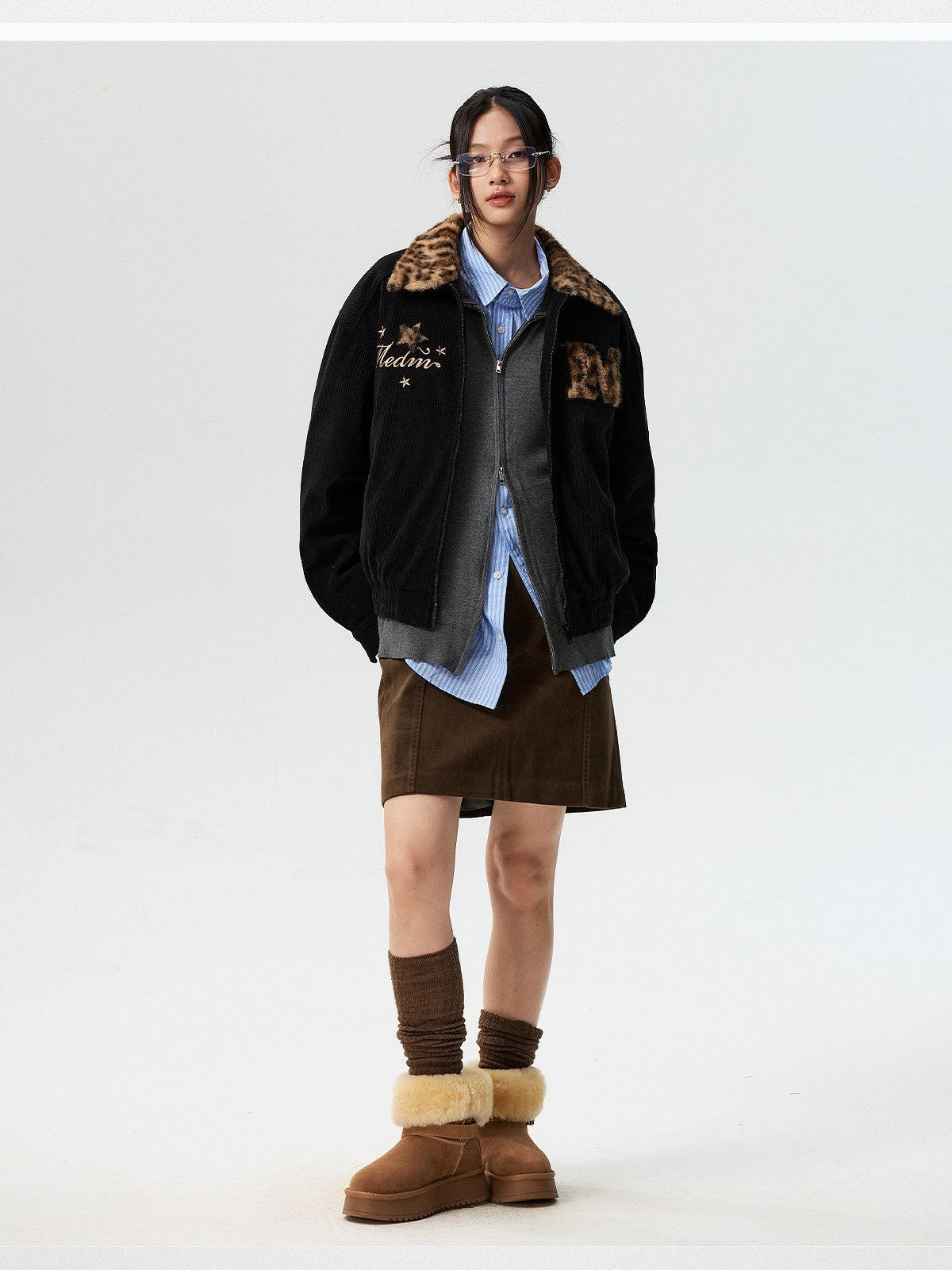 MEDM Leopard Collar Corduroy Padded Jacket in Black - On Female Model