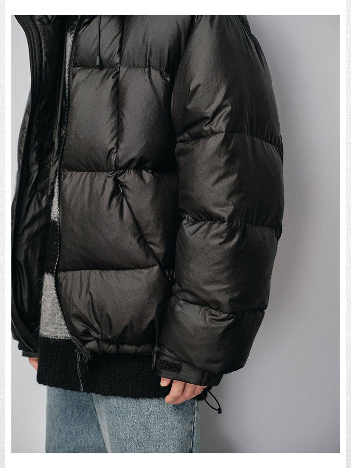 NANS Micro Check Hooded Down Puffer in Black - On Male Model