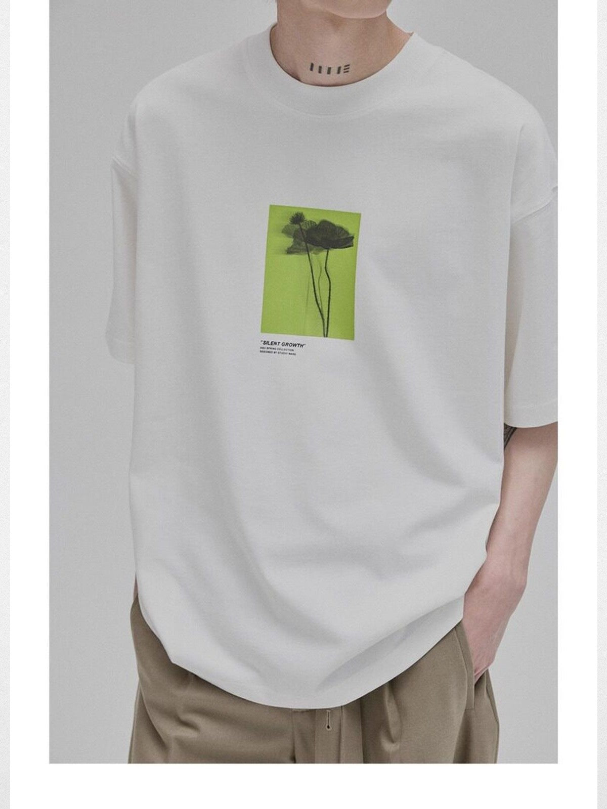 NANS Silent Growth Floral Print T Shirt in White - On Model