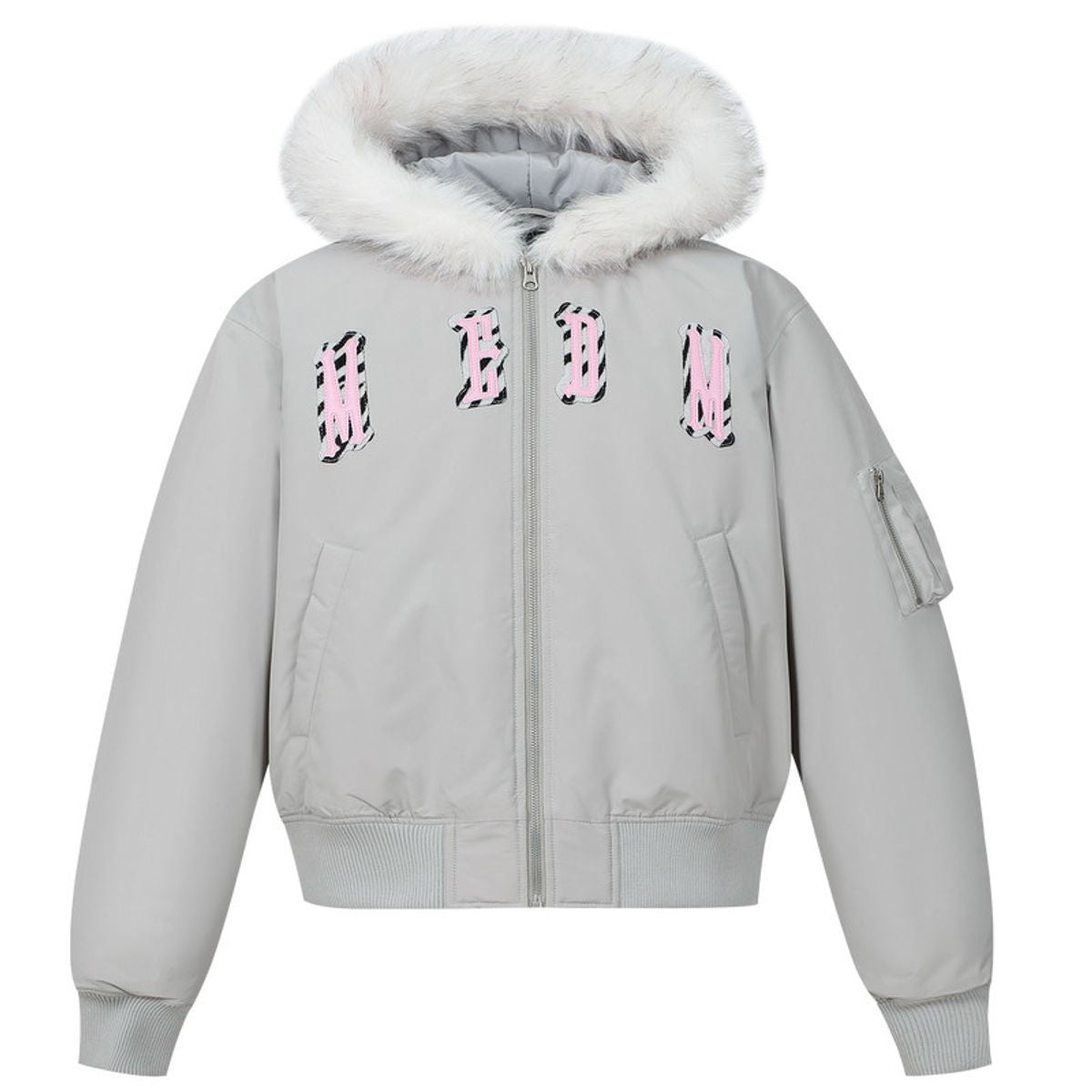 MEDM Fur Trimmed Padded Varsity Jacket in Gray