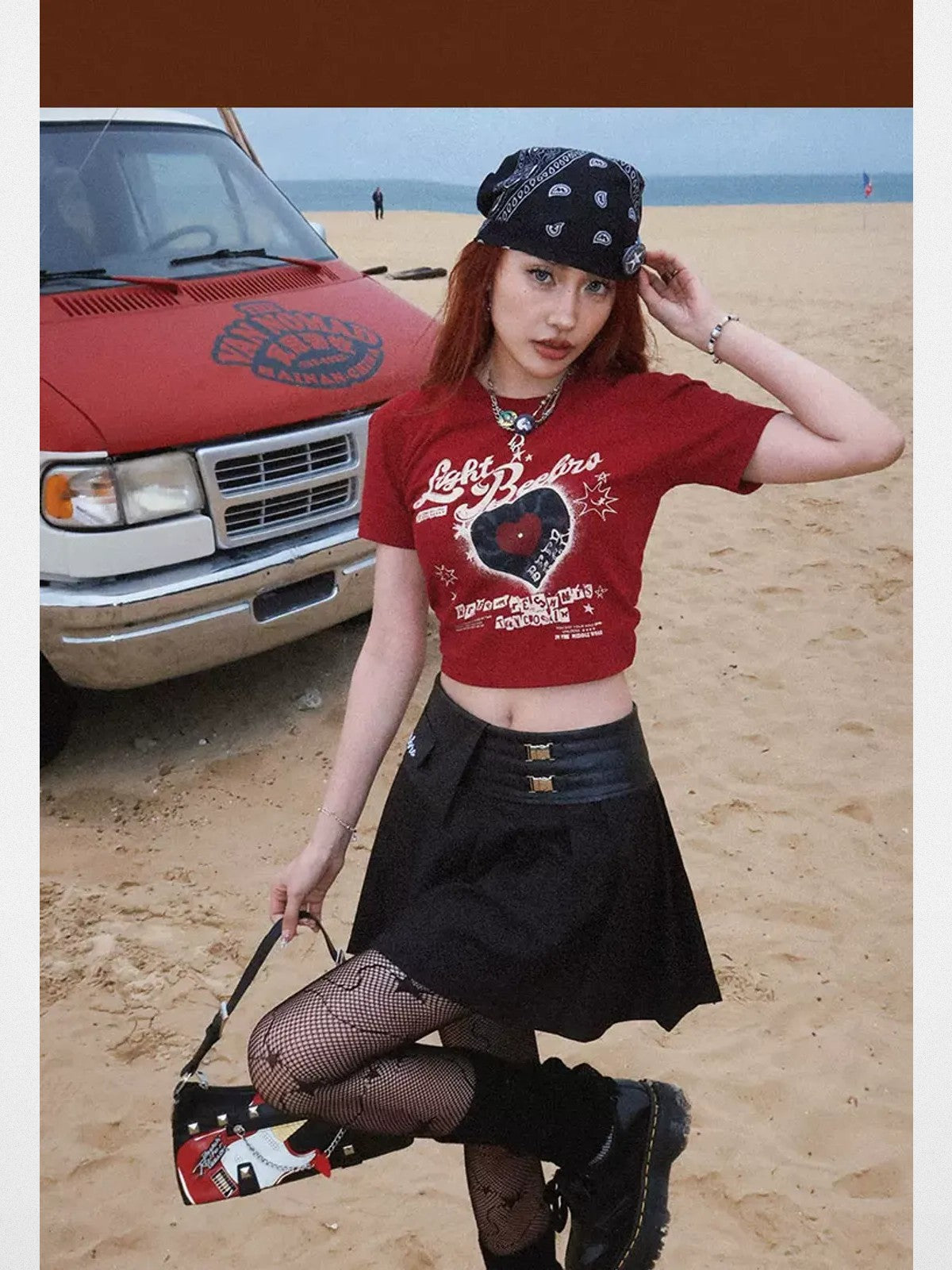 BeerBro Vinyl Print Cropped Baby Tee in Red