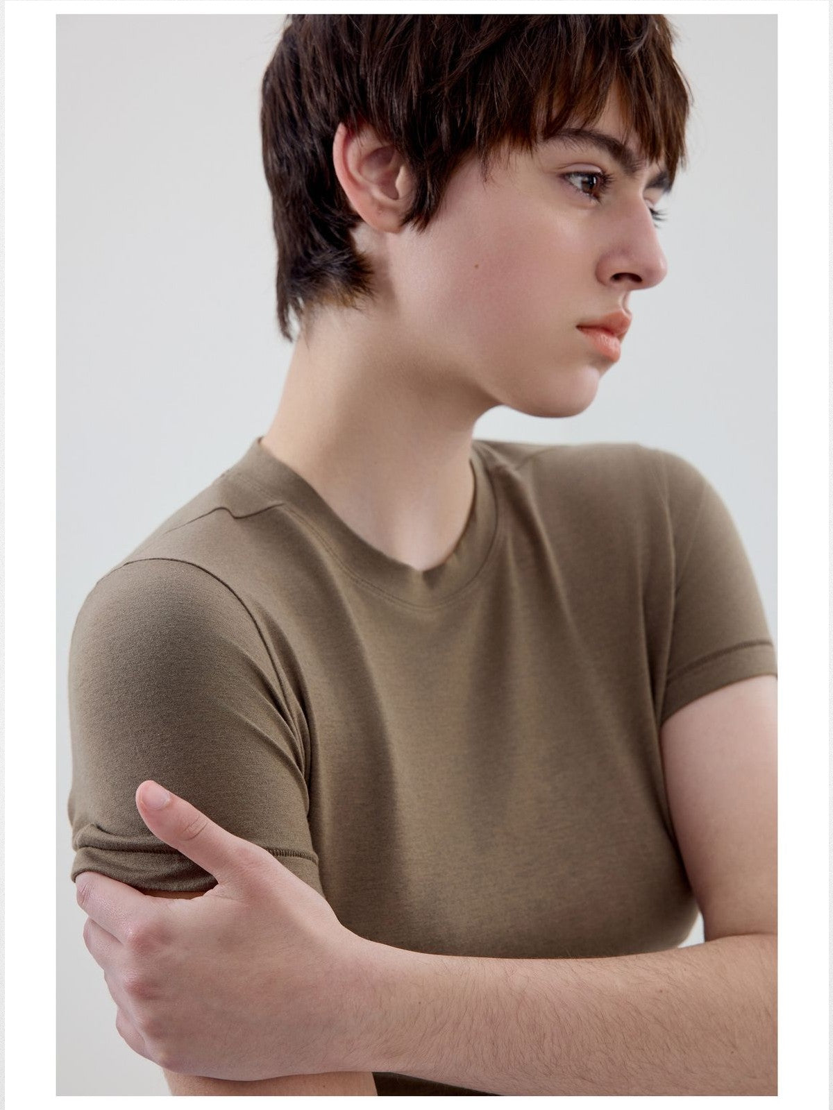 Simple Project Merino Wool Blend Crewneck T Shirt in Olive - On Model