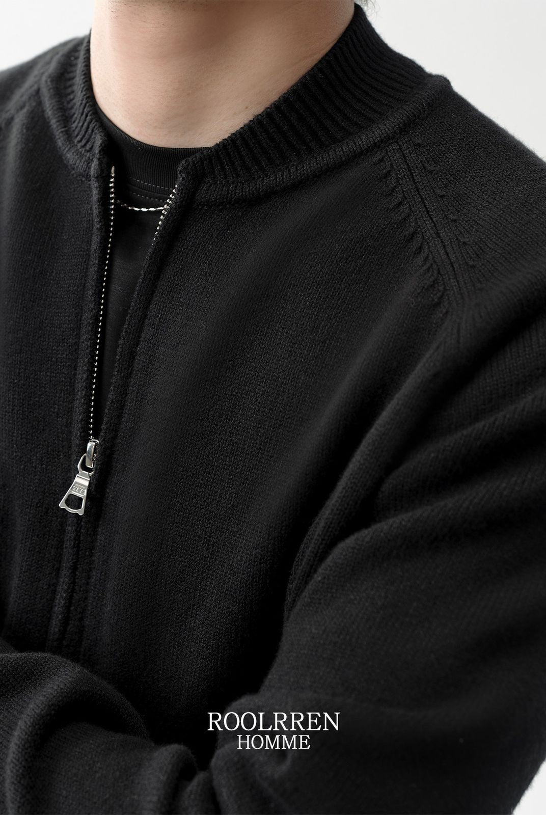 Roolrren Homme Cashmere Wool Cotton Zip Cardigan in Black - On Model