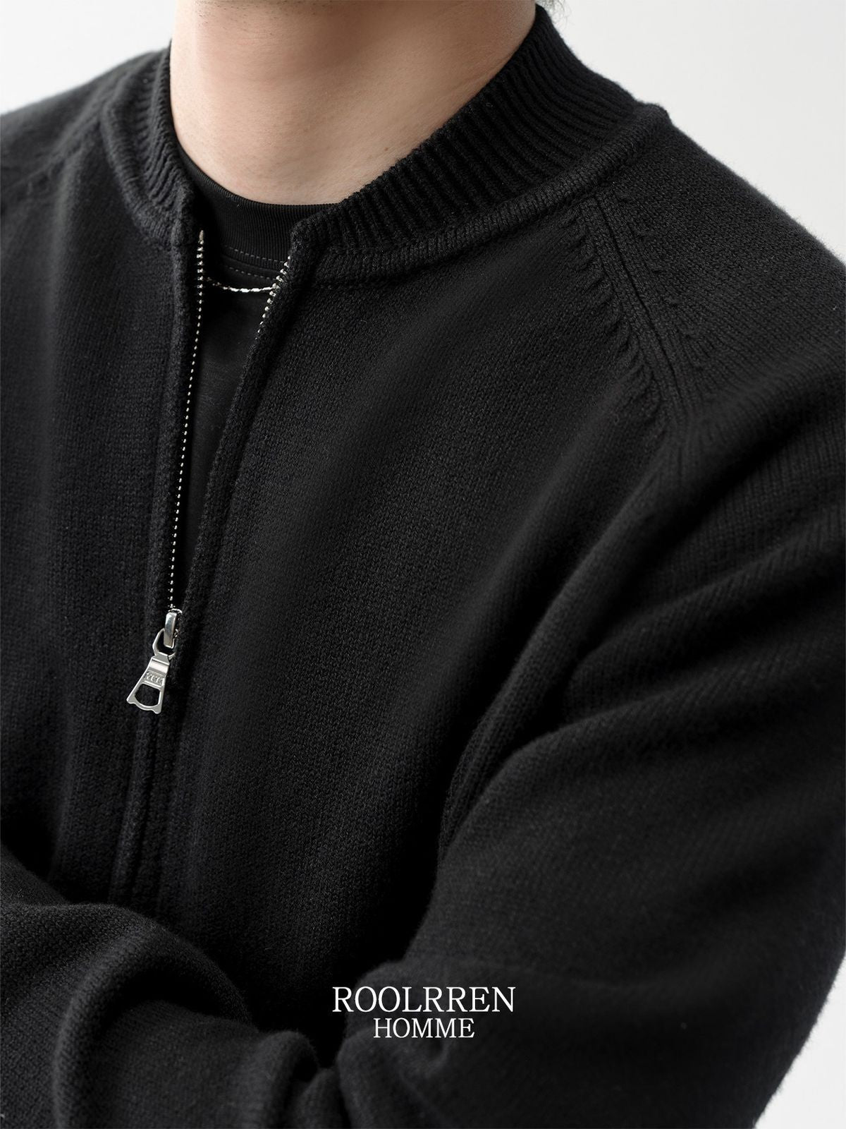 Roolrren Homme Cashmere Wool Cotton Zip Cardigan in Black - On Model