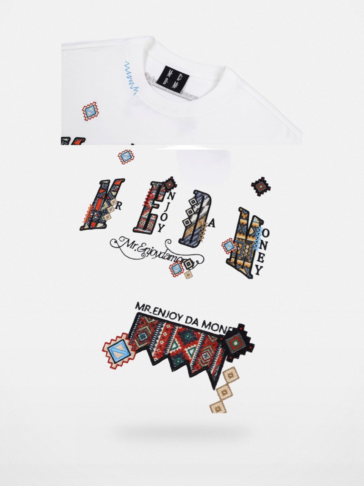 MEDM Ethnic Patchwork Long Sleeve Tee in White - Detail