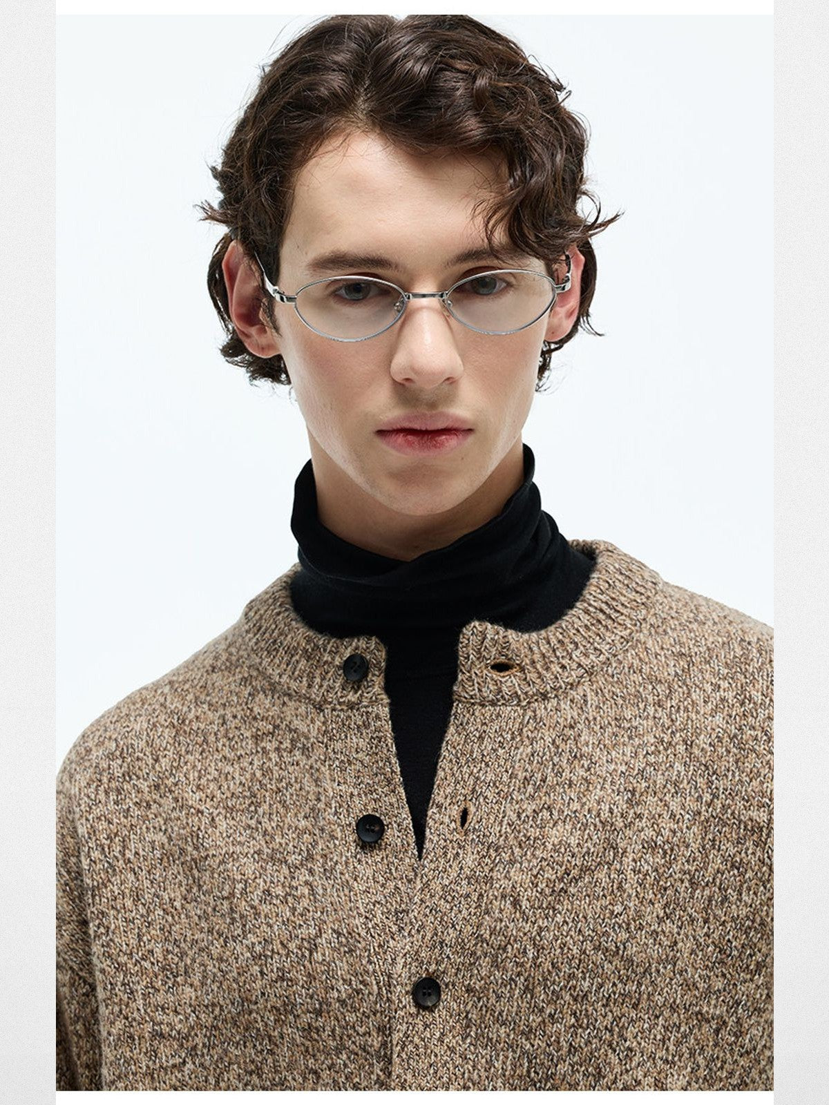 NANS Melange Merino Wool Cardigan in Beige - On Model