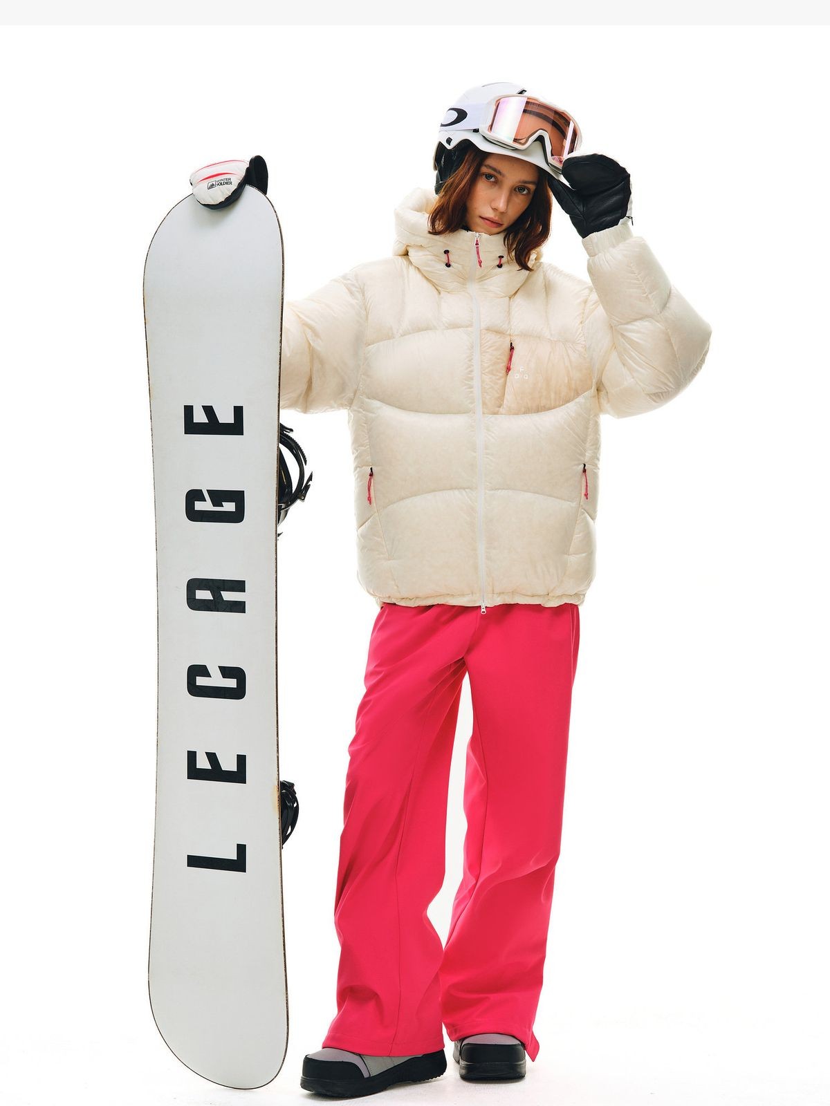 FPA 800FP Contrast Pocket Hooded Puffer in Cream - On Female Model