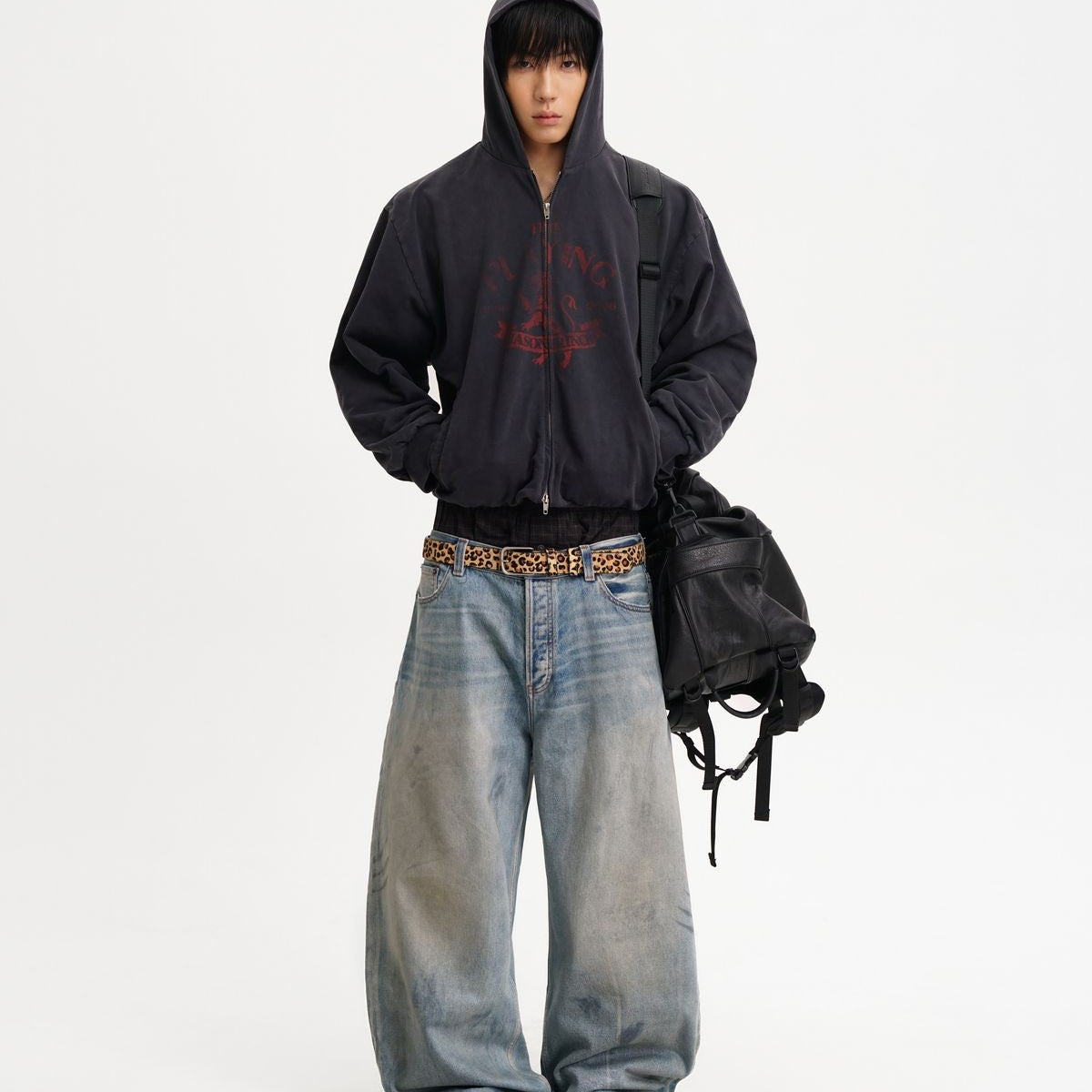 MASONPRINCE Playing Time Graphic Zip Up Hoodie in Black - On Male Model #color_black