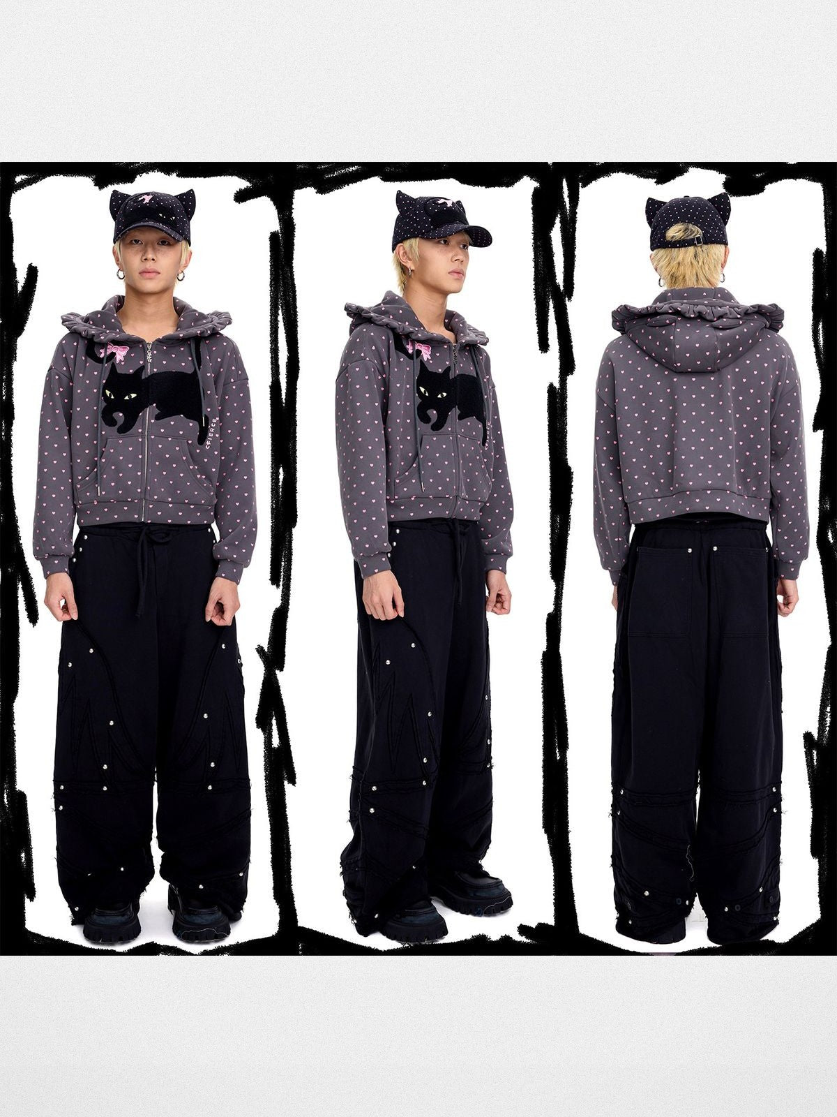 CFIERCE Heart Print Cat Ear Zip Hoodie in Gray - On Male Model