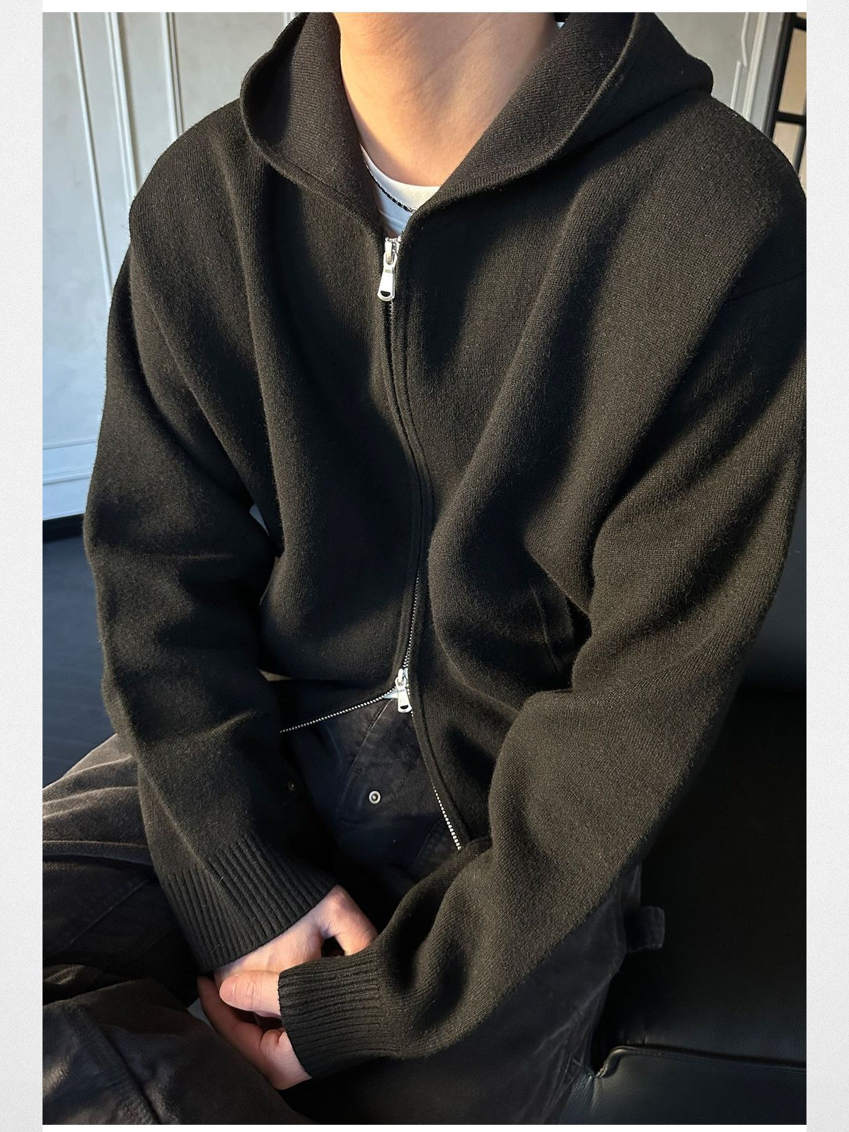 Roolrren Homme Wool Cashmere Zip Up Hoodie in Black - On Model