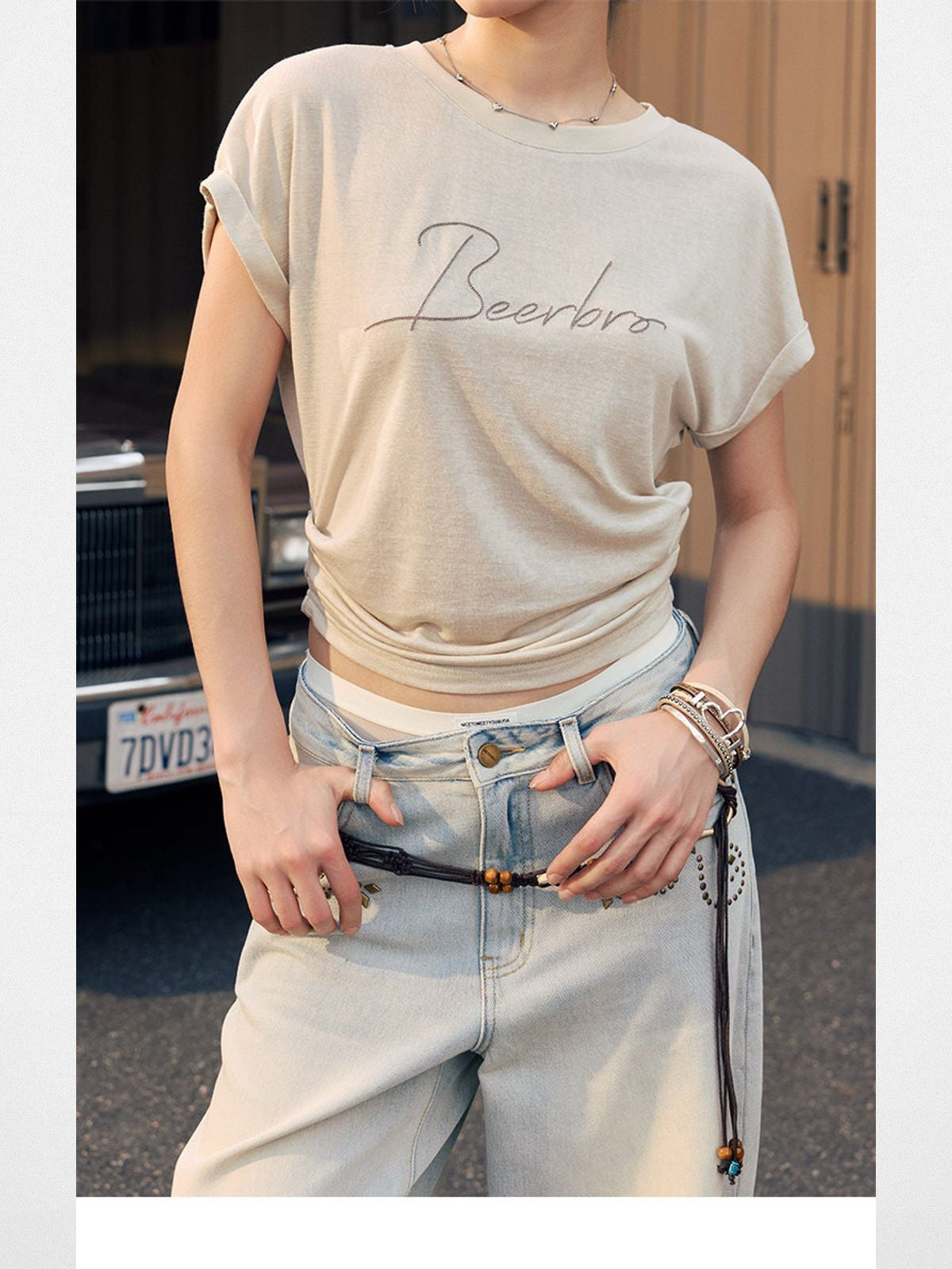 BeerBro Embroidered Tencel Cinched Tee in Cream - On Model