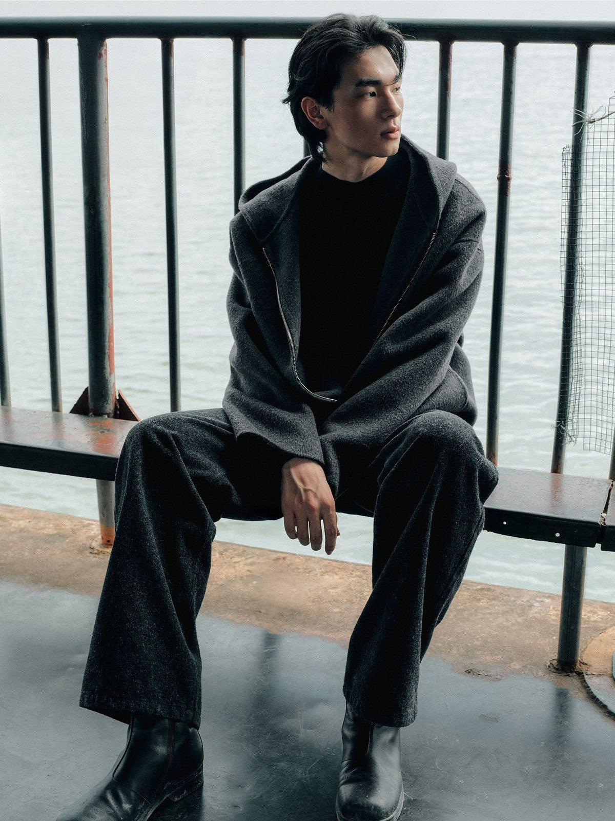 ROYA Cashmere Wool Hooded Short Coat in Charcoal - On Model