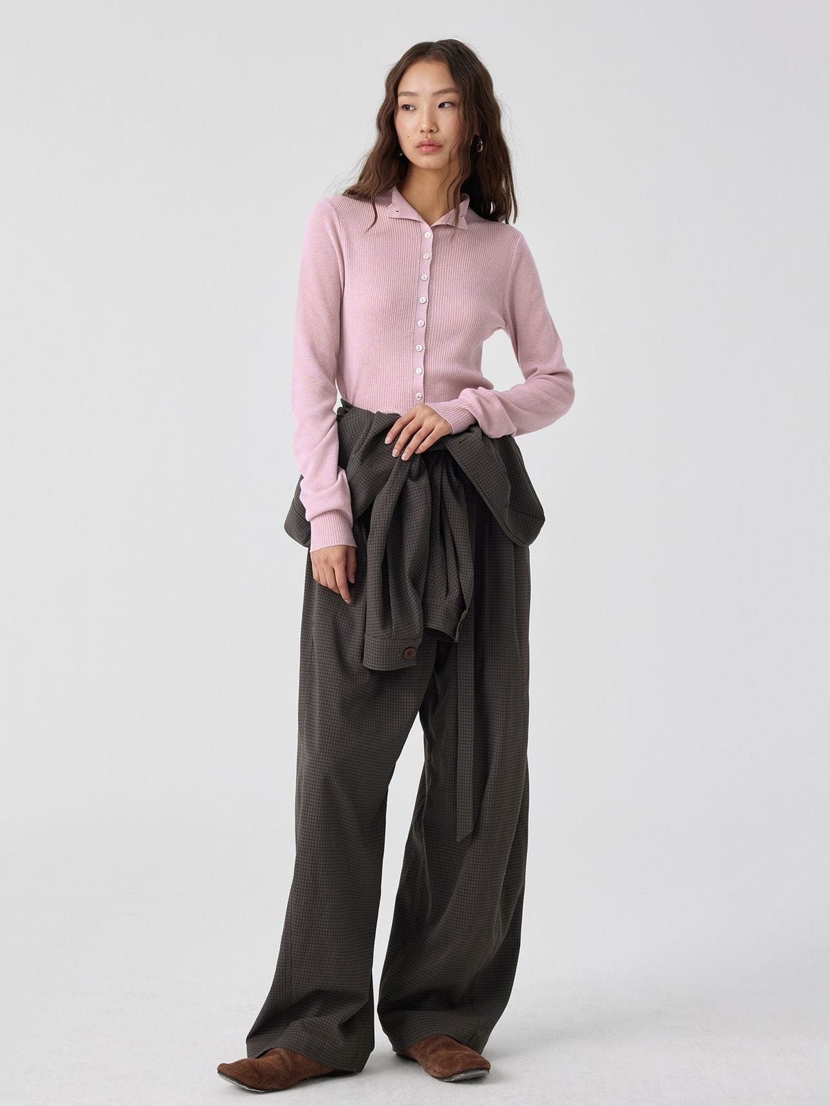 Simple Project High Neck Ribbed Wool Cardigan in Pink - On Model