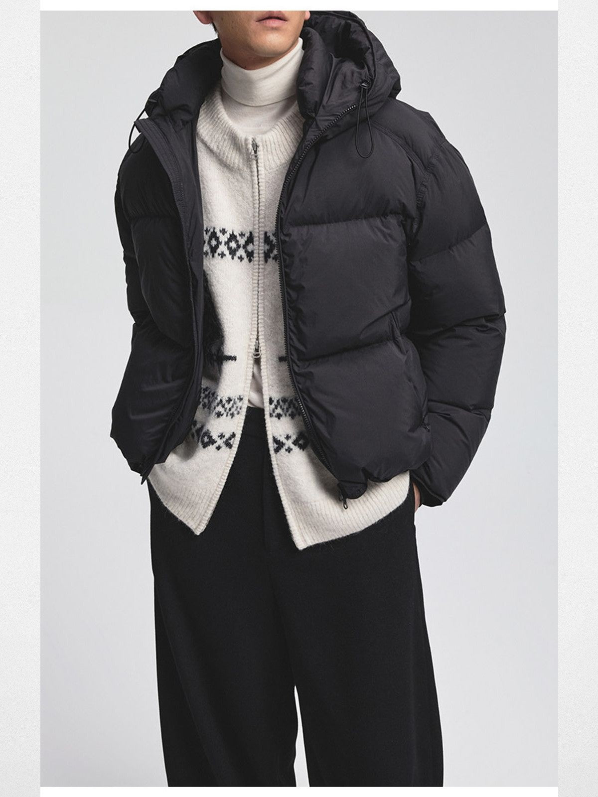 NANS Glossy Hooded Down Puffer in Black - On Model
