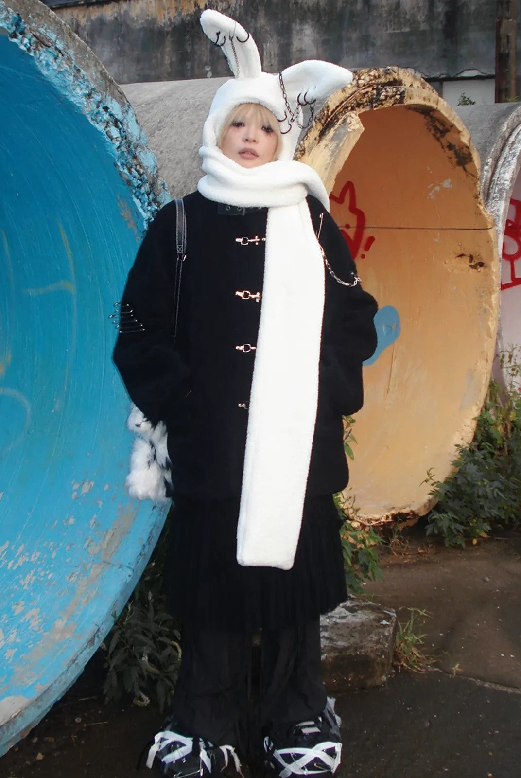 CFIERCE Plush Bunny Scarf Hat in White