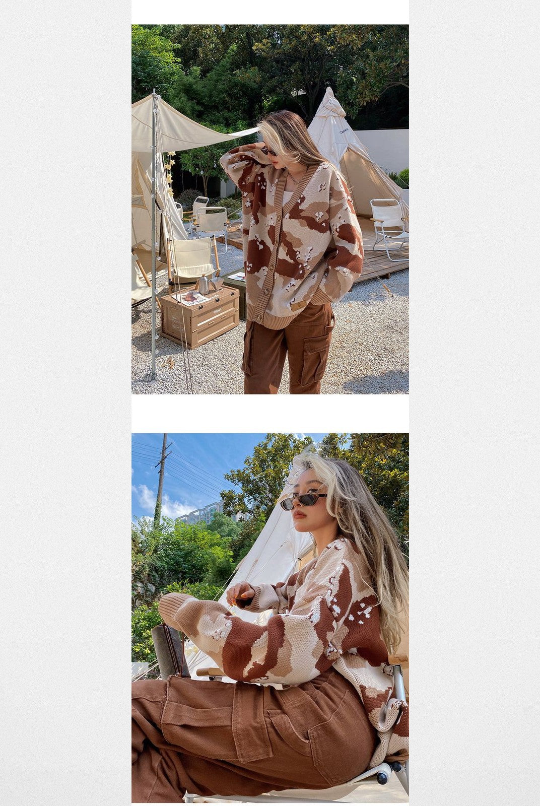 BeerBro Oversized Camo Knit Sweater in Beige