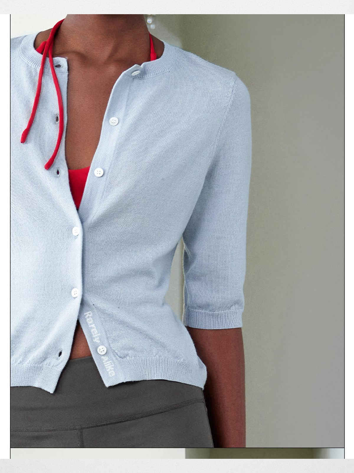 RARELY ALIKE Pure Wool Mid Sleeve Cardigan in Sky Blue - On Model