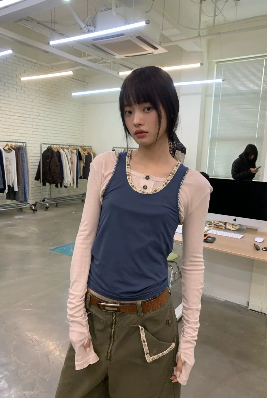 NeverSeez Beaded Lyocell Wool Tank Top in Blue - On Model