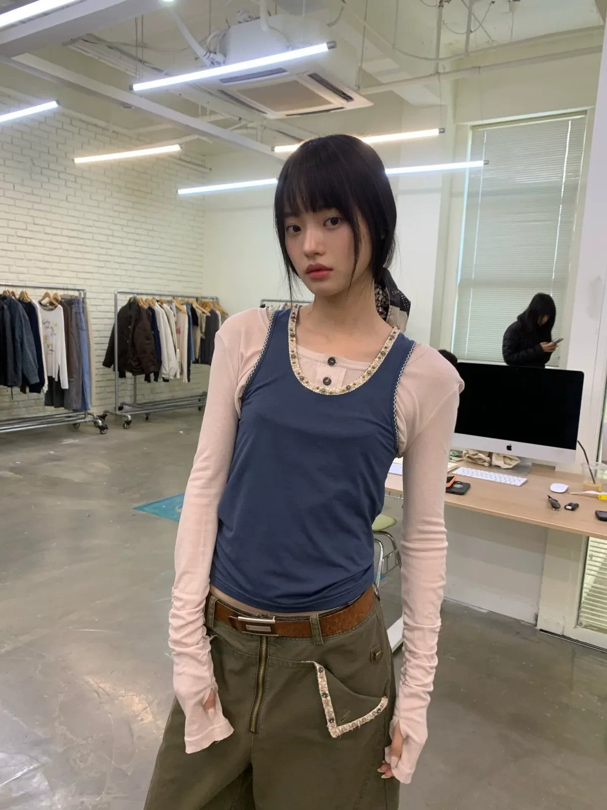 NeverSeez Beaded Lyocell Wool Tank Top in Blue - On Model