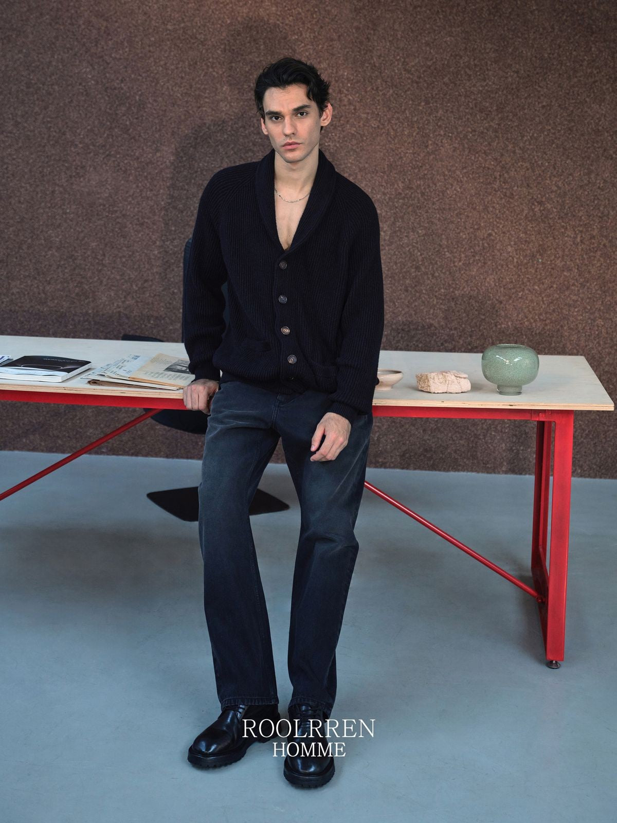 Roolrren Homme Shawl Collar Cotton Blend Cardigan in Black - Lifestyle