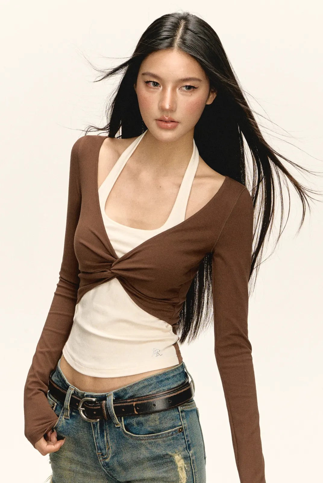 Ariseism Faux Layered Twist Front Top in Brown - On Model