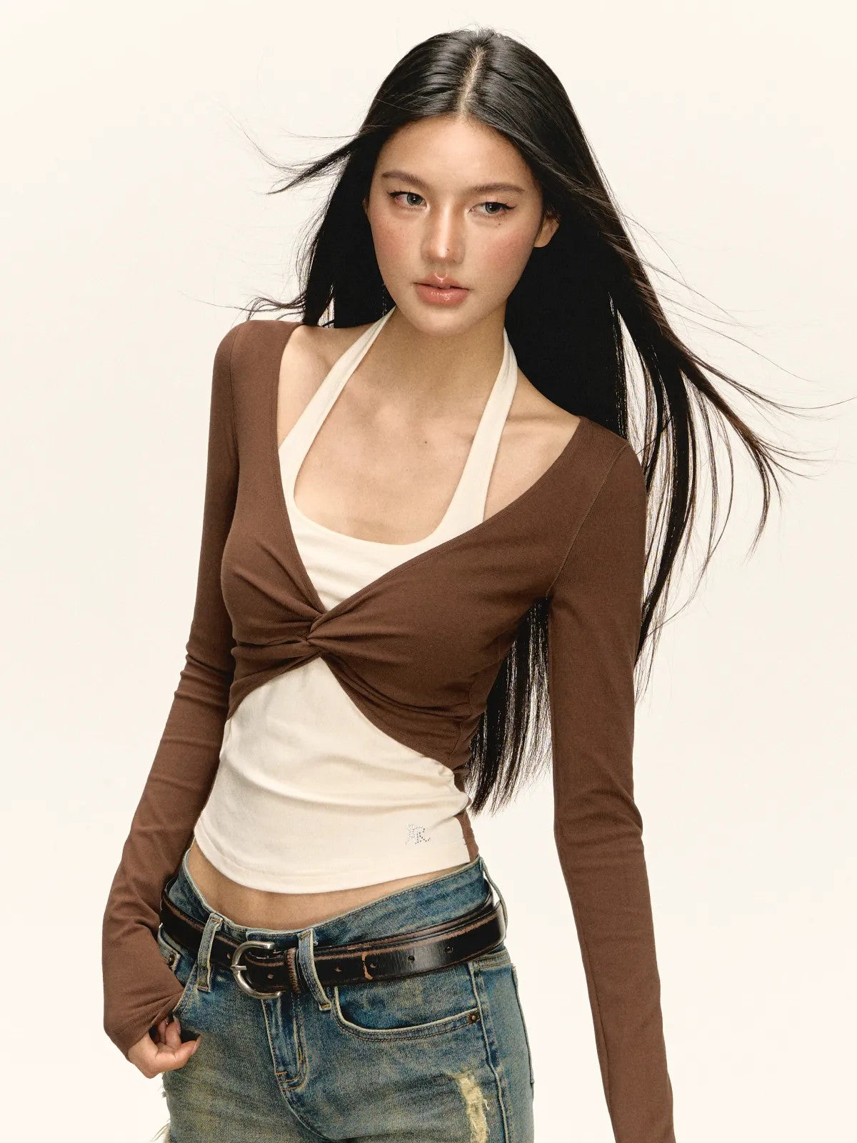 Ariseism Faux Layered Twist Front Top in Brown - On Model