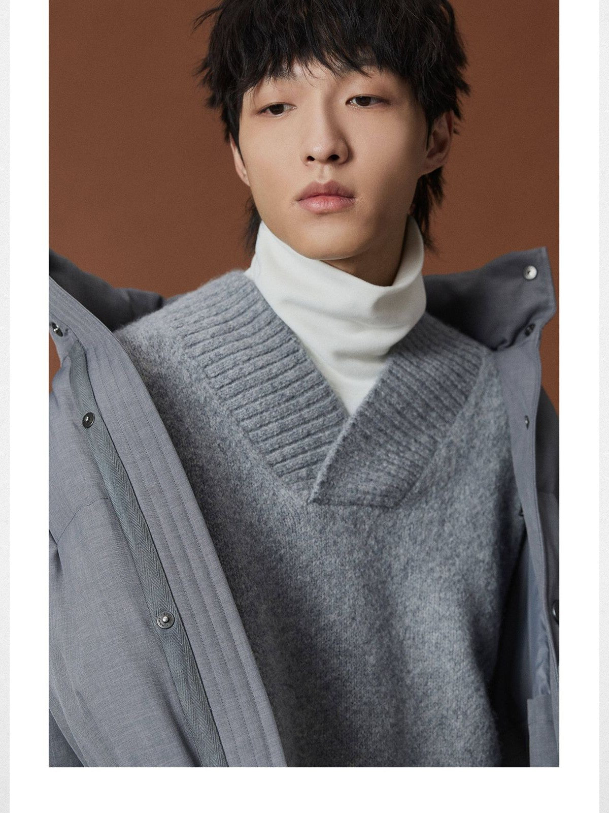 NANS Wool Touch High Neck Down Puffer in Gray - On Model