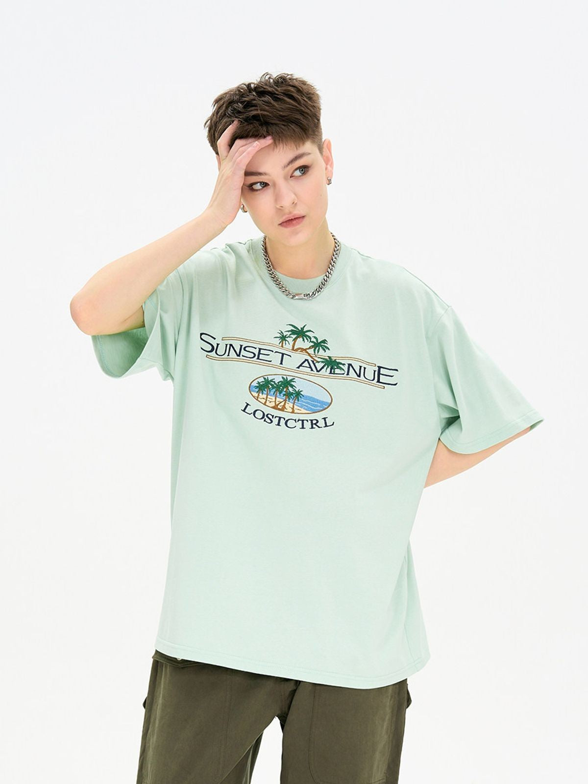 LOSTCTRL Palm Tree Embroidered Cotton Tee in Mint - On Model