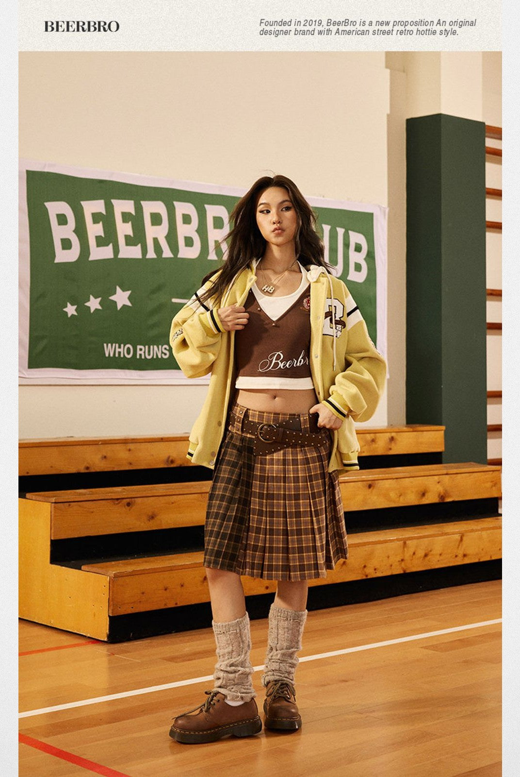 BeerBro Detachable Hood Varsity Jacket in Yellow - On Model