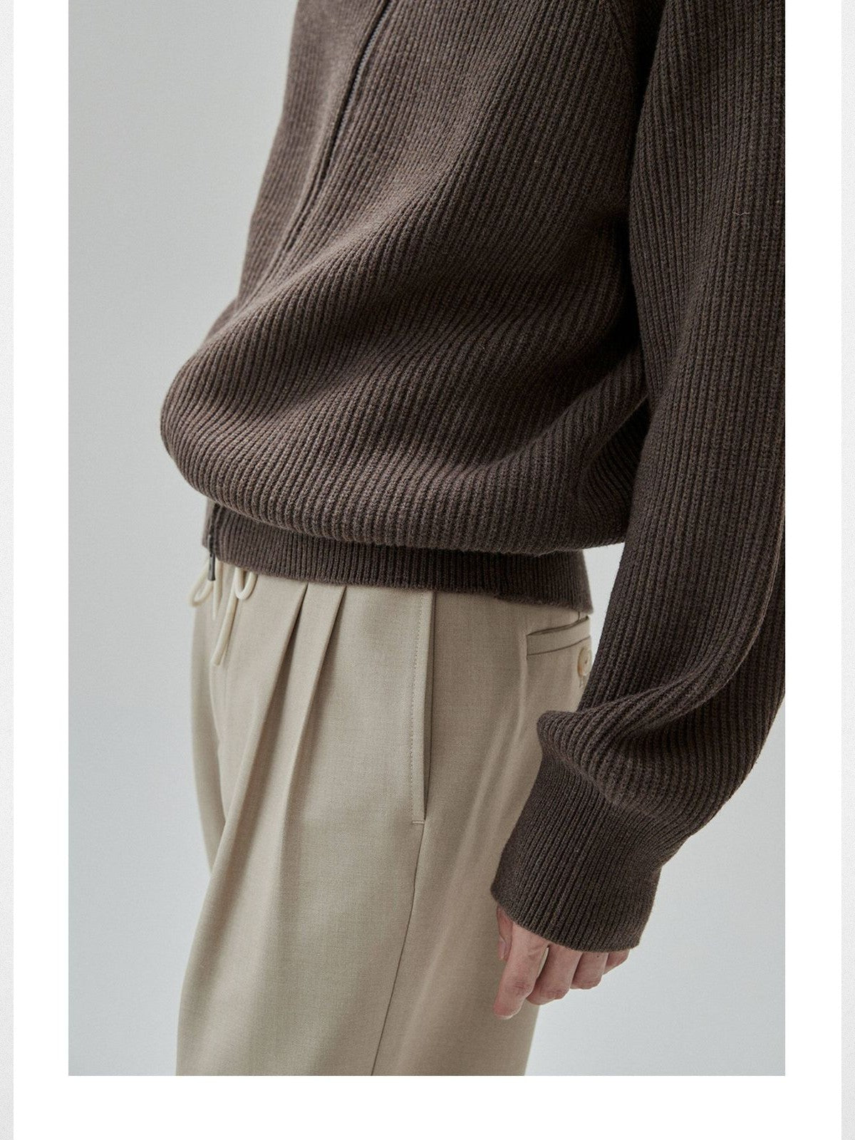 NANS Heavyweight Raglan Zip Cardigan in Brown - On Model