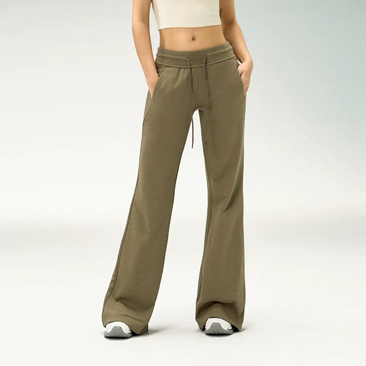 Ariseism Low Rise Micro Flare Sweatpants in Olive - On Model