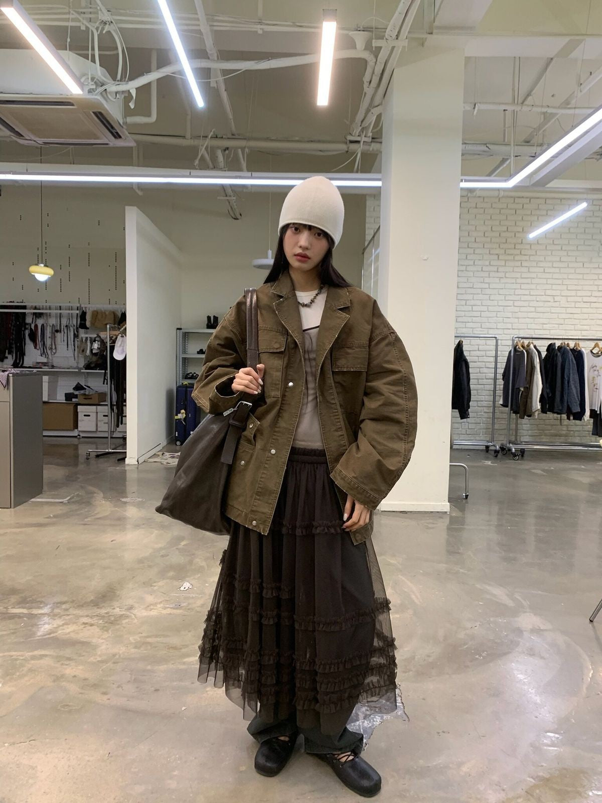 NeverSeez Washed Cotton Workwear Jacket in Brown - On Female Model