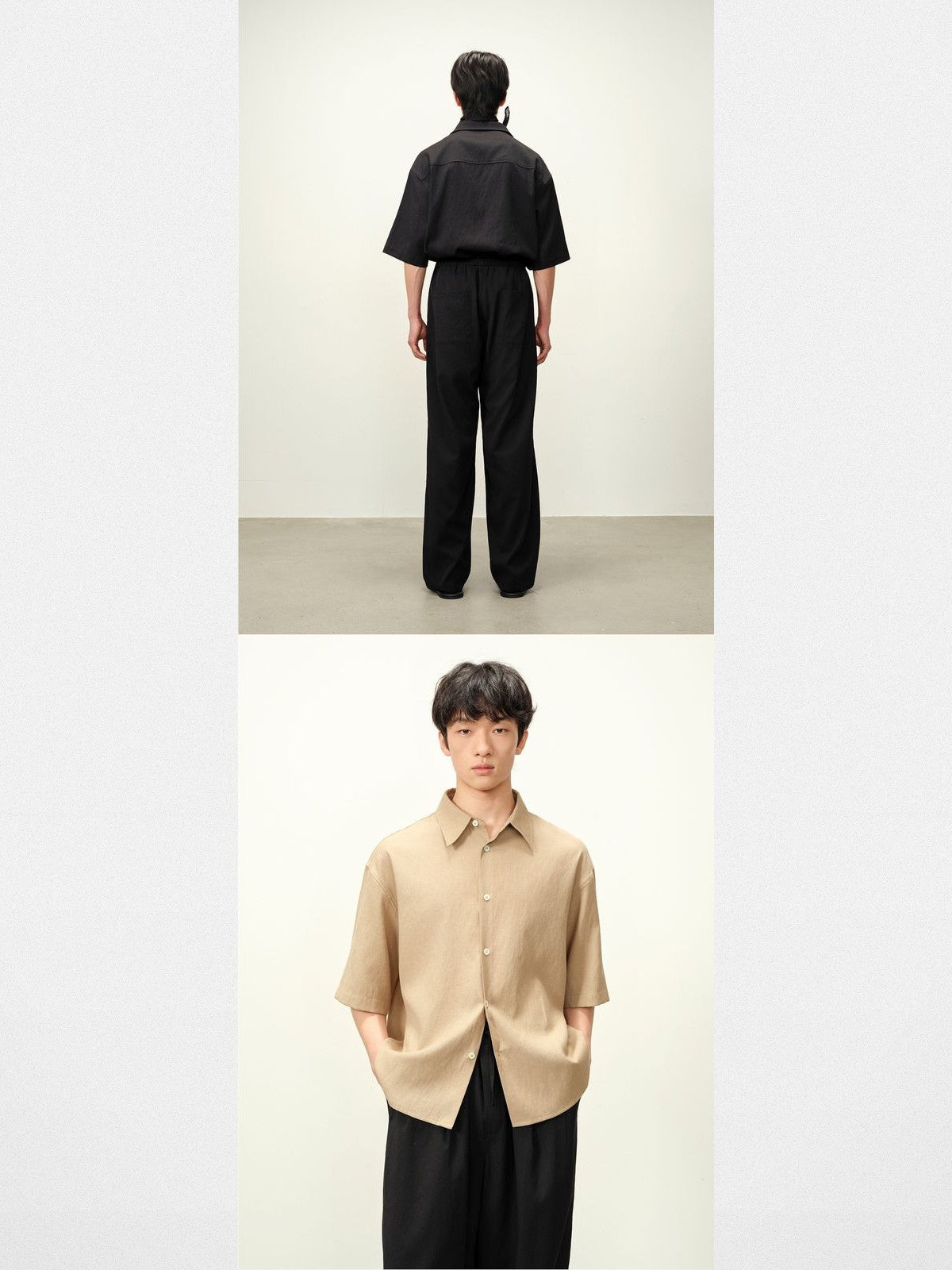 ROYA Boxy Linen Blend Short Sleeve Shirt in Beige - On Model