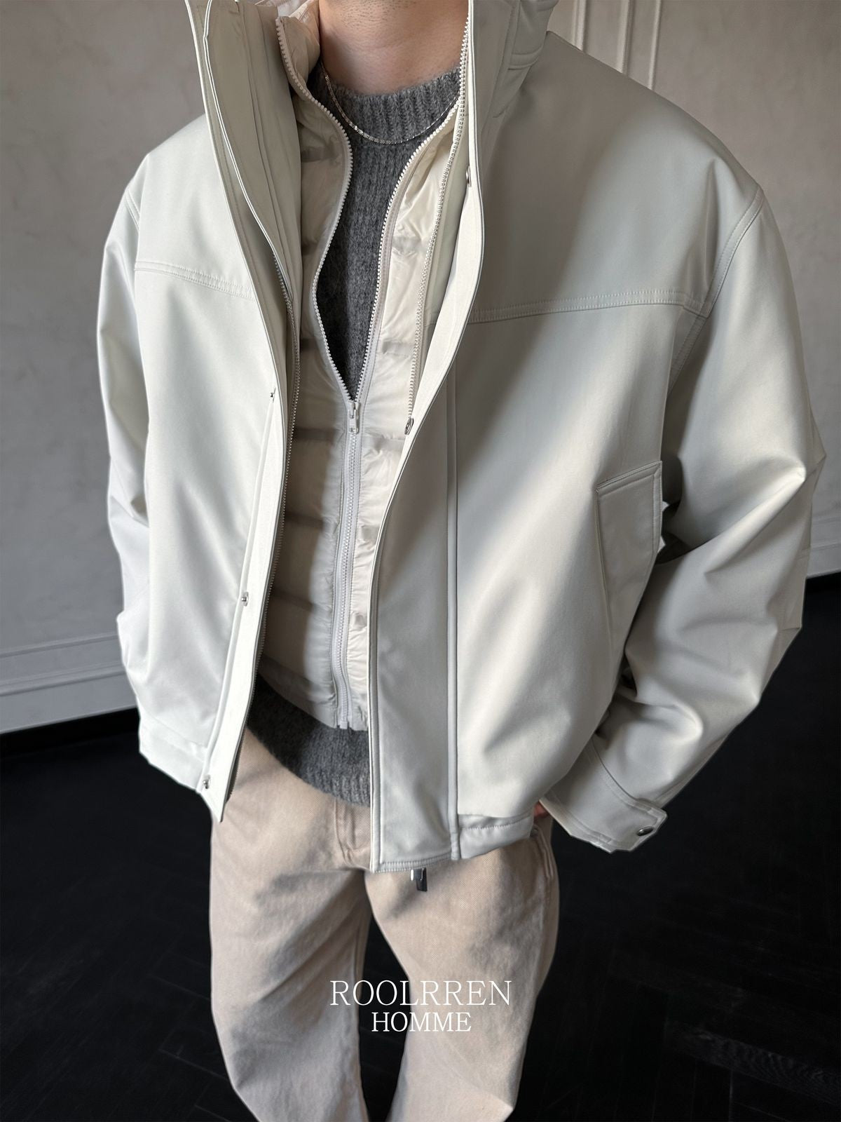 Roolrren Homme 3 Proof Tech Shell Down Vest in Gray - On Model