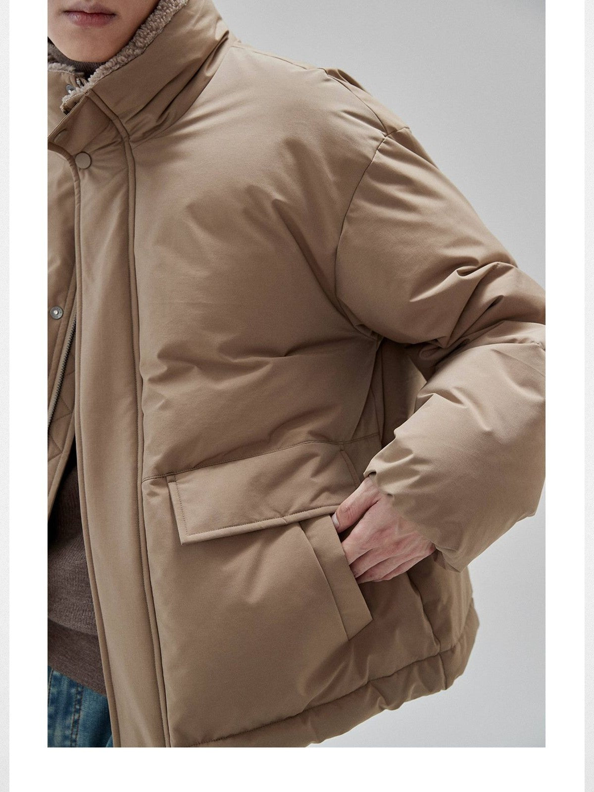 NANS Sherpa Collar Multi Pocket Down Puffer in Beige - On Male Model