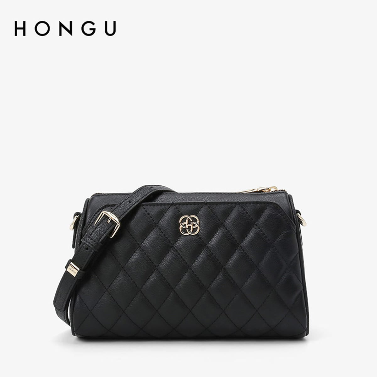 HONGU Quilted Cowhide Crossbody Bag in Black