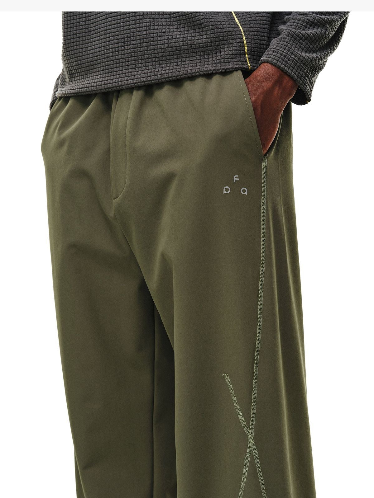 FPA Curved Leg Nylon Trousers in Olive - On Model