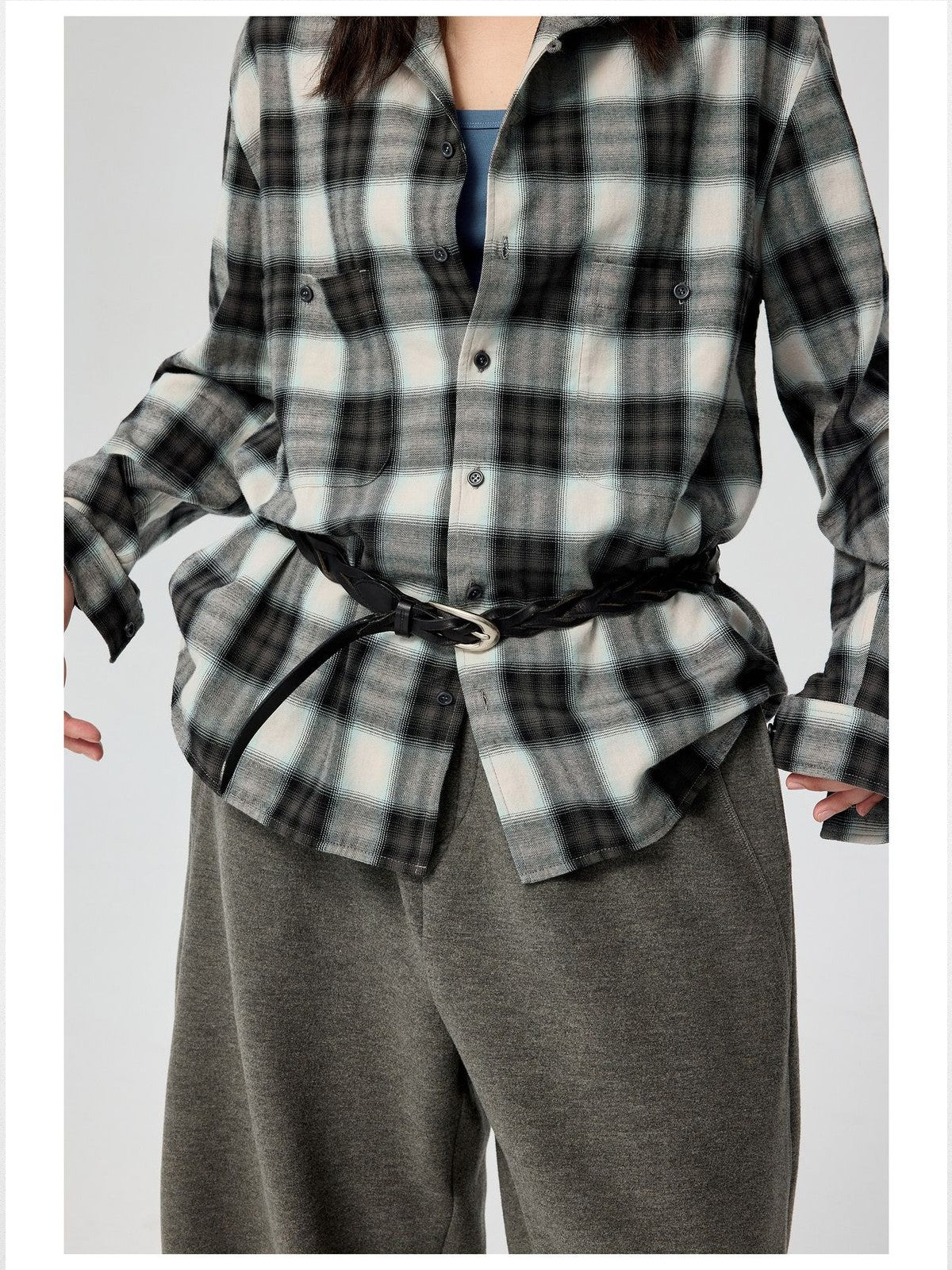 Simple Project Ombr Check Flannel Shirt in Black - On Female Model