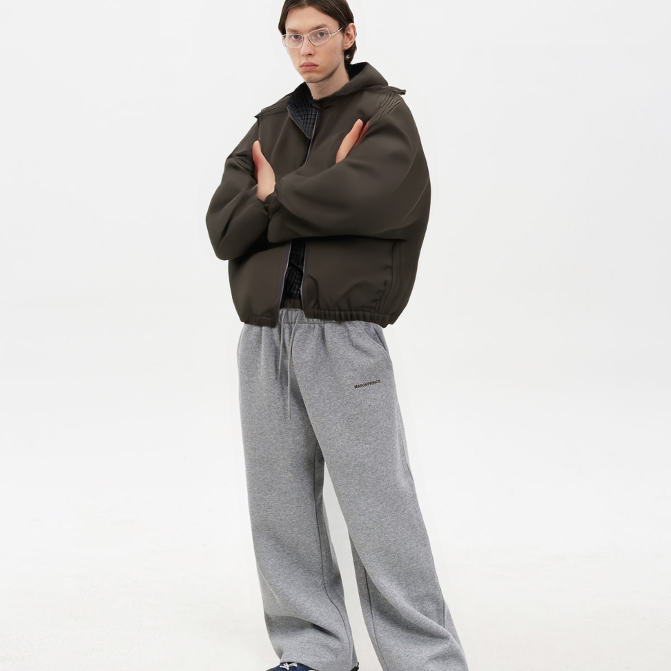 Reversible Plaid Cotton Coach Jacket in Gray - Male Model #color_gray