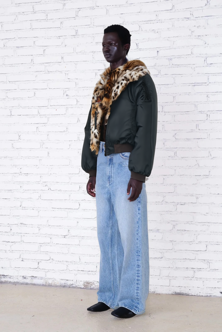 Reversible Tiger Print Flight Jacket in Black - Male Model #color_black