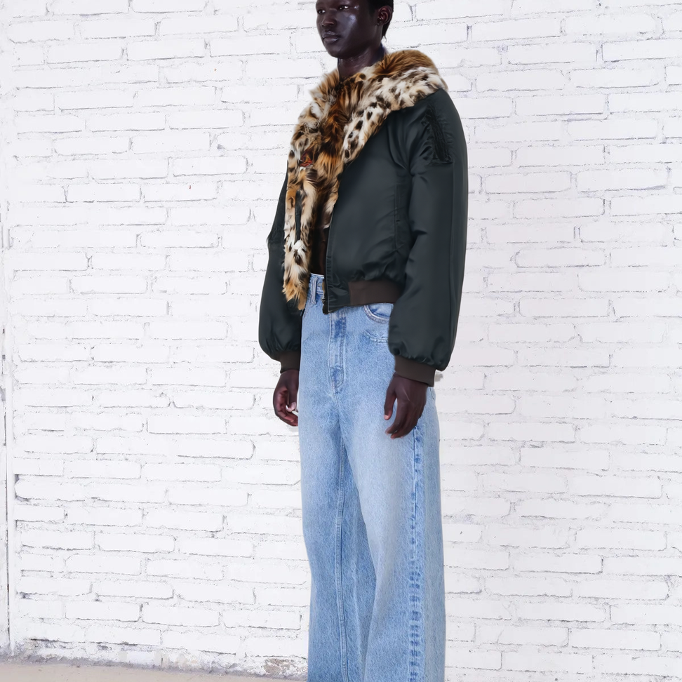 Reversible Tiger Print Flight Jacket in Black - Male Model #color_black