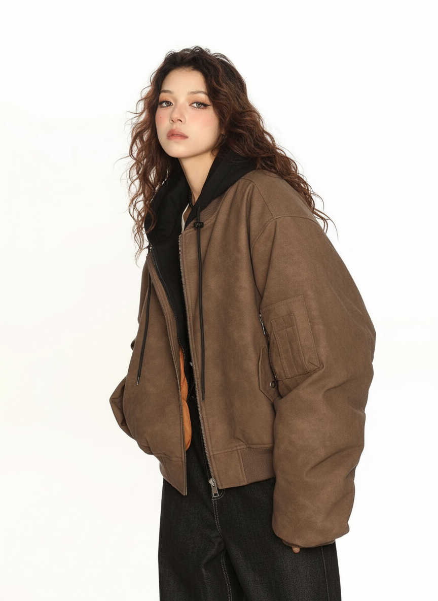 Layered Hooded Faux Leather Bomber in Brown #pose_variant #color_brown