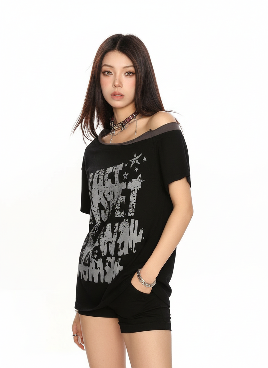 Distressed Graffiti Off Shoulder Tee in Black #pose_variant #color_black