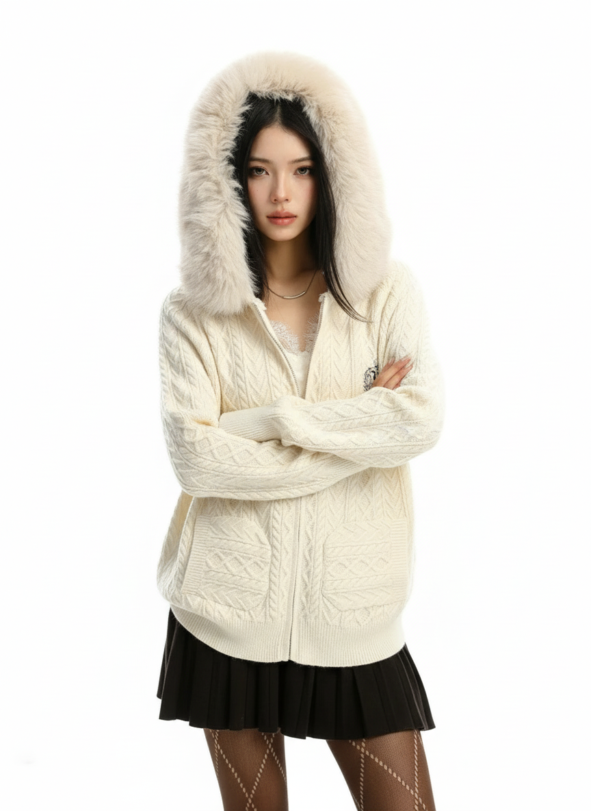 Fur Trimmed Cable Knit Zip Hoodie in White #pose_variant #color_white