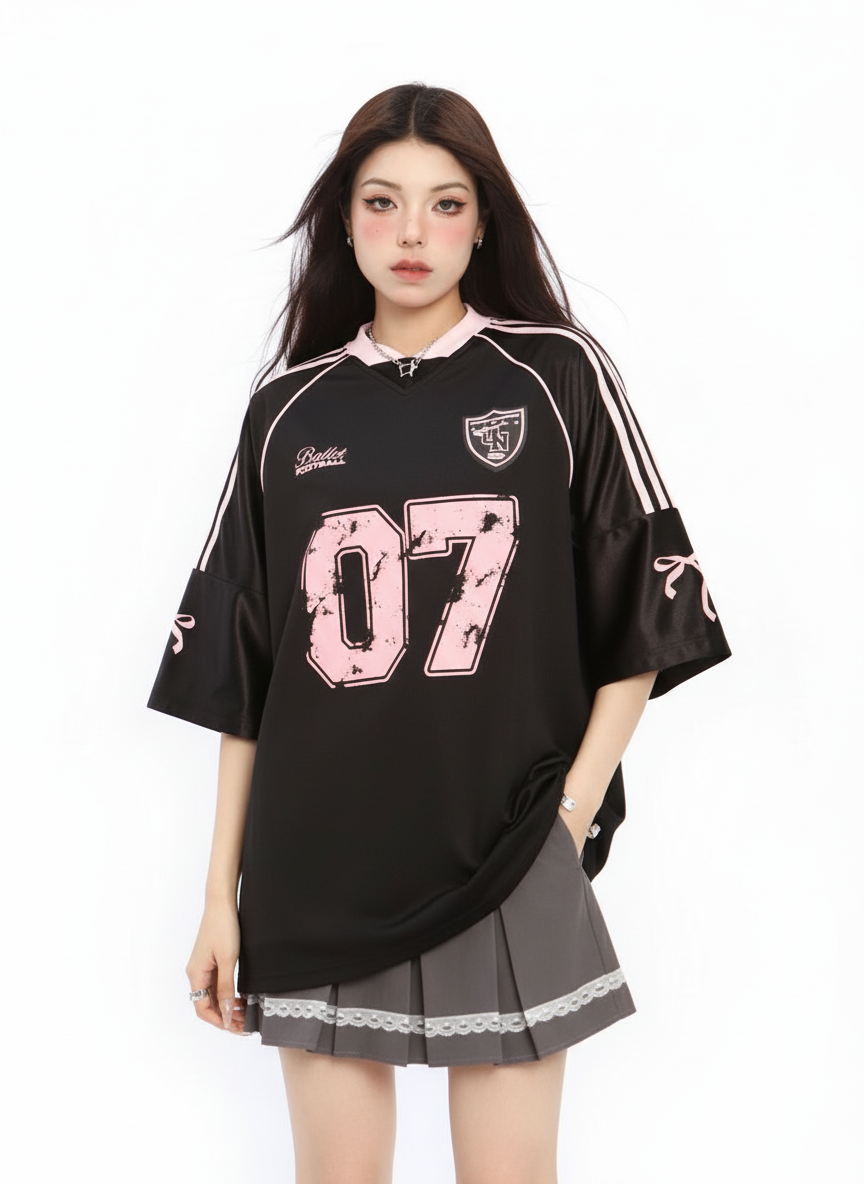 Raglan Sleeve V Neck Jersey in Black #pose_variant #color_black